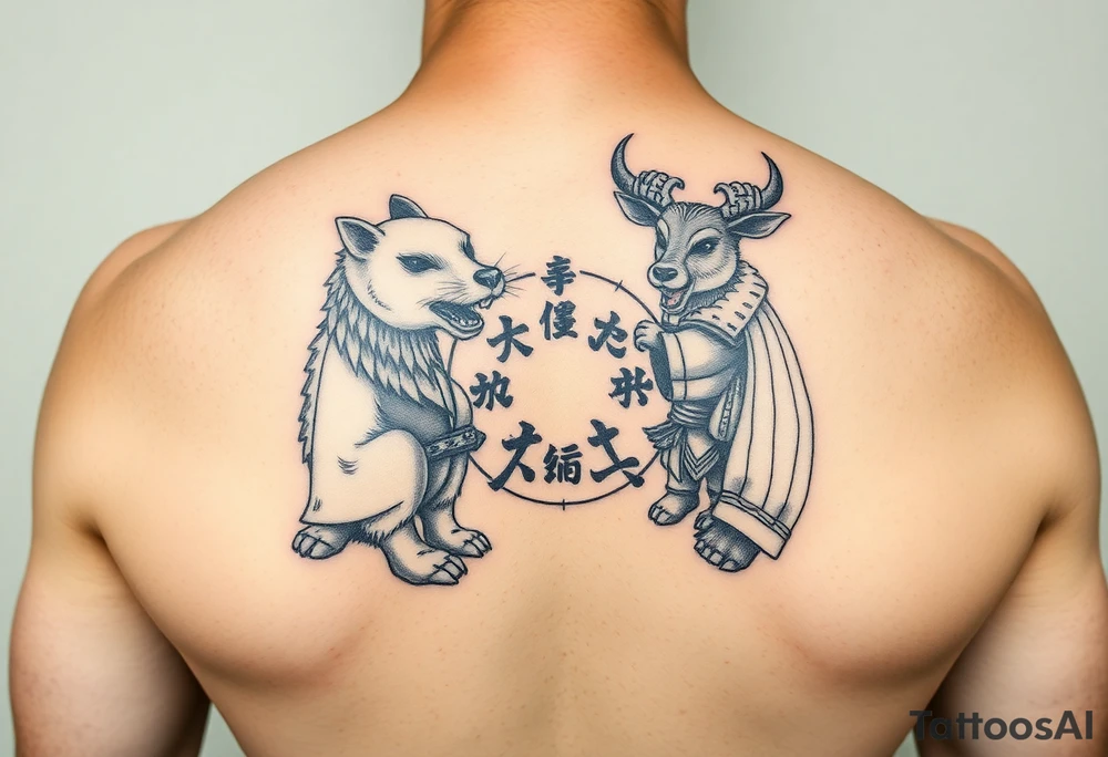 Chinese zodiac animals: rat, dog, goat, and ox all dressed up Japanese Samurai style in a circular formation tattoo idea