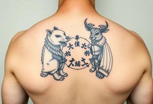 Chinese zodiac animals: rat, dog, goat, and ox all dressed up Japanese Samurai style in a circular formation tattoo idea