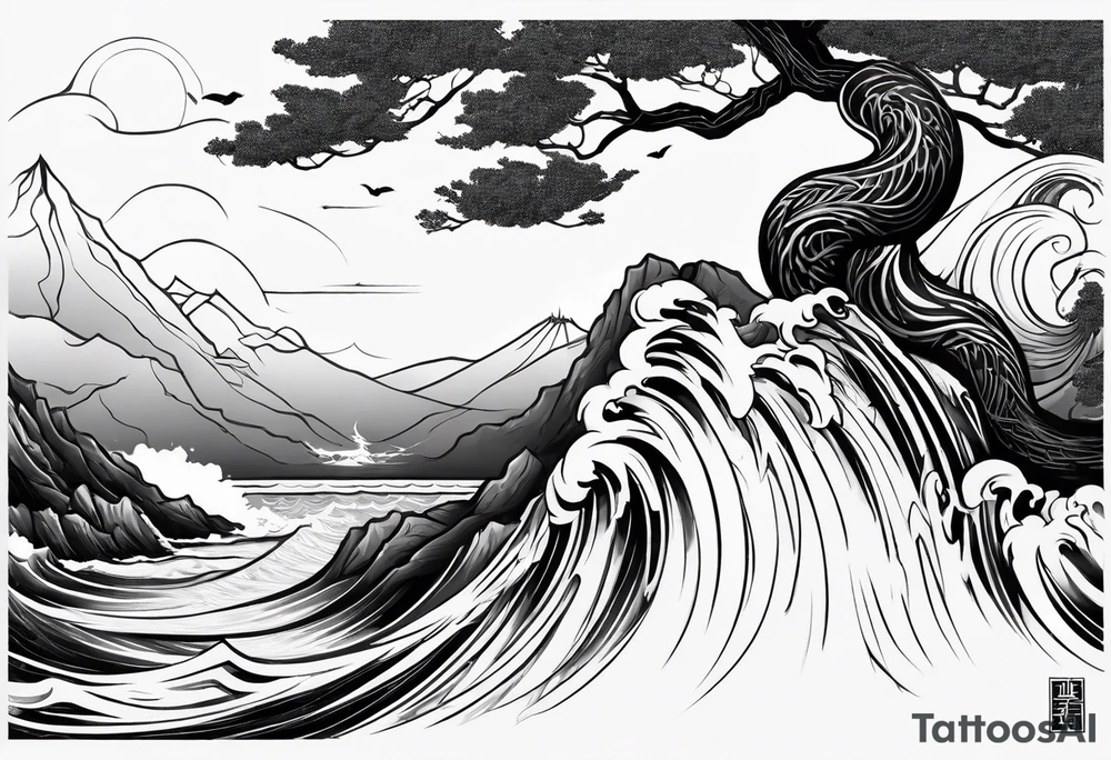 Full arm sleeve, tree going up to shoulder dead tree going down to wrist, wrapped in a serpent moving down with mountain, and ocean elements tattoo idea