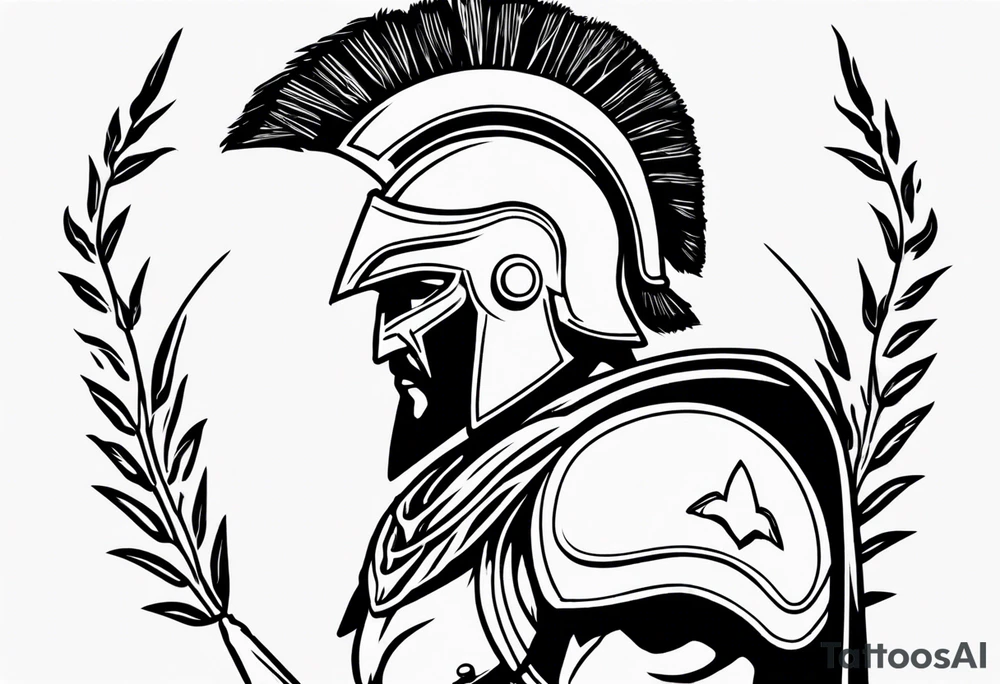 rectangular landscape format ultra-fine line linework vector of a spartan from the side, spartan spear, spartan shield, laurel wreath tattoo idea
