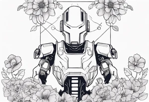 Ghost dressed like a robot, surrounded by flowers, tattoo idea