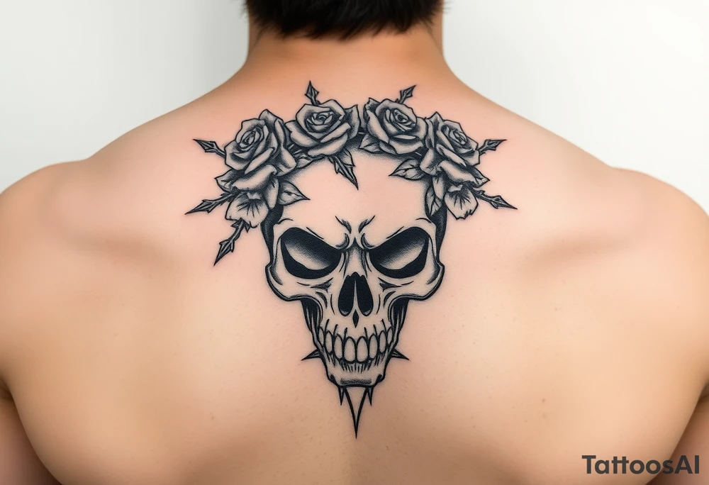 ornate skull adorned with crown of wild roses and thorns tattoo idea