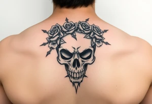 ornate skull adorned with crown of wild roses and thorns tattoo idea