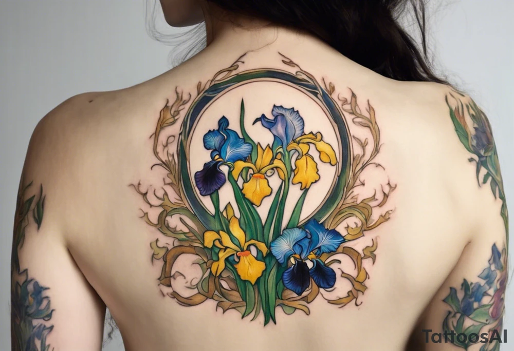 Create a colorful Vincent van Gogh Irises tattoo with an ancient Greek female statue in the middle. The tattoo should take the form of a crescent, with vines gracefully intertwining at a central point in the middle of the wreath.  The intended placement is on the upper chest. The overall design should be small in size while maintaining a delicate and artistic aesthetic. Pay attention to the graceful flow of the vines and the placement of the irises to achieve a refined and elegant look. tattoo idea