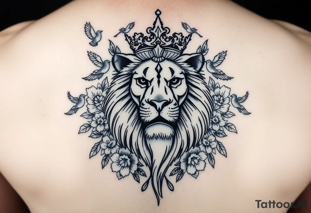 powerful majestic lion with a crown, surrounded by floral ornaments and birds tattoo idea