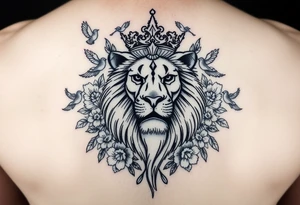 powerful majestic lion with a crown, surrounded by floral ornaments and birds tattoo idea