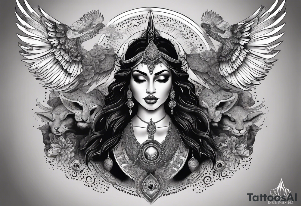 black kali, goddess pirate, alien, angel, pachamama, valkrye, warrior, flying, skull, lotus azul, wing, eagle, zenza resonance, stars, 5D, anahata chakra, death, durga, riding on a tiger, flying lady, kundalini, chest tatoo, samuri, rebel, serpent tattoo idea
