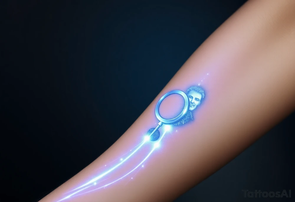 Tron-inspired tattoo design symbolizing legacy, father and son connection, and continuation of unfinished dreams. A glowing light line begins faint and fragmented, representing the father’s passing, then transitions into a strong radiant blue-white Tron energy line symbolizing the son carrying on the legacy. Two overlapping Tron identity discs connect in the center, showing the torch being passed. In the background, a subtle, ethereal silhouette of the father’s face watching proudly, made of digital light particles, fading into the grid. Include small roman numerals “VI·IV·MMXXIII” hidden within the light lines. Futuristic, emotional, clean composition, fine-line realism mixed with neon light energy, cinematic sci-fi atmosphere, forearm tattoo layout, soft glow effect, high detail, black and blue tones. tattoo idea