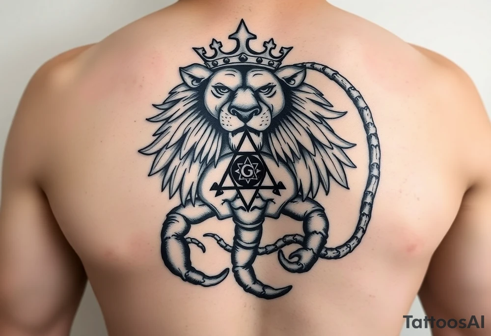 Full arm tattoo, Poseidon , a powerful and majestic lion with a crown and in the middle of this crown a square is a freemason's compass, a realistic scorpion, tattoo idea