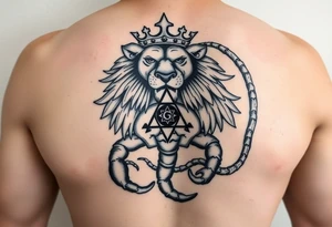 Full arm tattoo, Poseidon , a powerful and majestic lion with a crown and in the middle of this crown a square is a freemason's compass, a realistic scorpion, tattoo idea