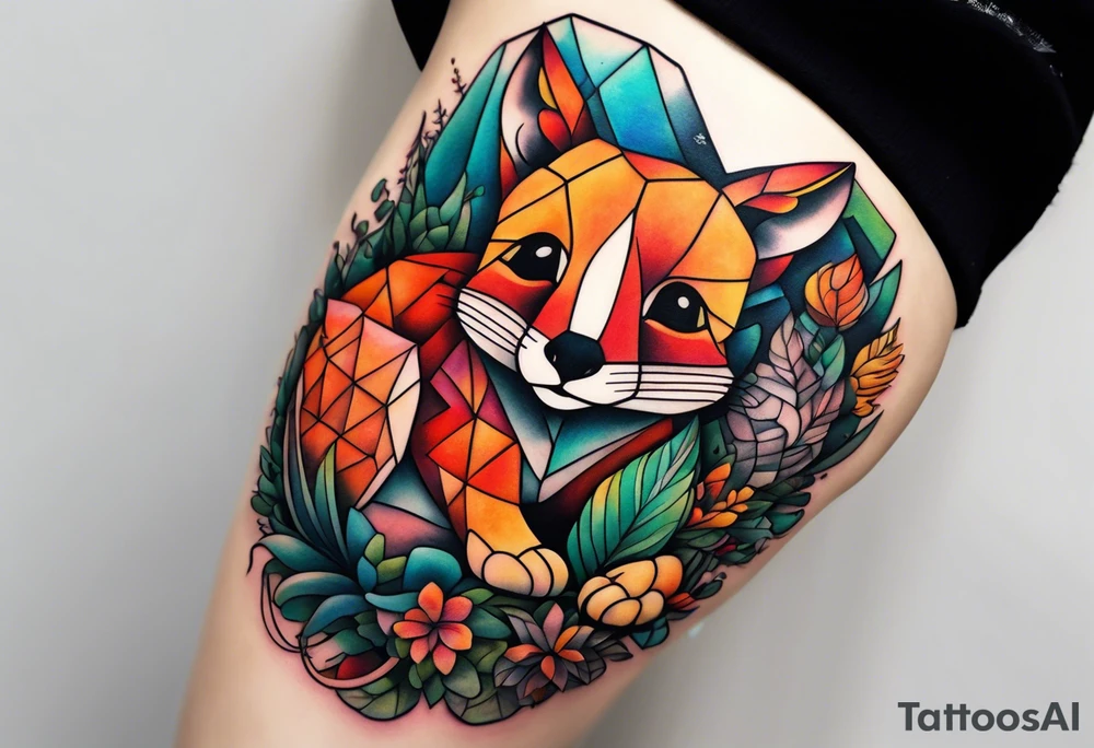 Tattoo incorporating a turtle, a fox, a koala, and a cat in one tattoo. tattoo idea