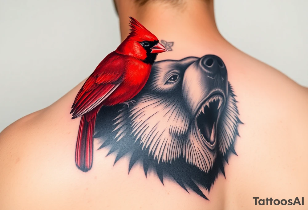 Realistic bright red cardinal perched on the shoulder of a realistic black bear.
Forearm tattoo tattoo idea