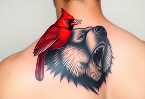 Realistic bright red cardinal perched on the shoulder of a realistic black bear.
Forearm tattoo tattoo idea