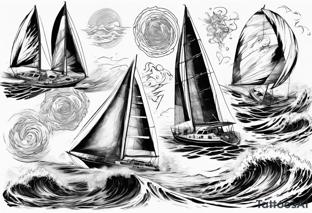 Sailing Catamaran in Rough weather and waves tattoo idea