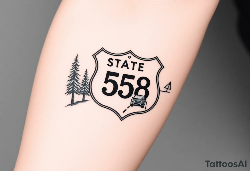 small State Route sign 558, with trees all around and a farm in background, road with a car tattoo idea