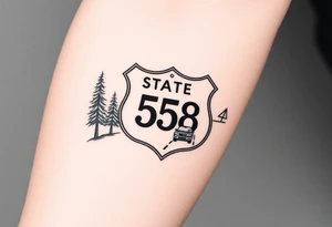 small State Route sign 558, with trees all around and a farm in background, road with a car tattoo idea