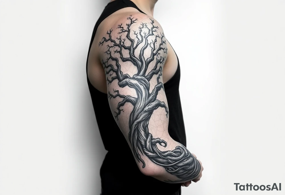 Arm sleeve, tree with limbs wrapping around, negative space tattoo idea