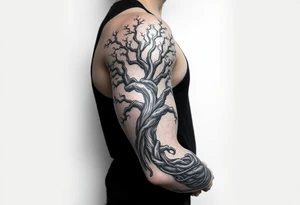 Arm sleeve, tree with limbs wrapping around, negative space tattoo idea