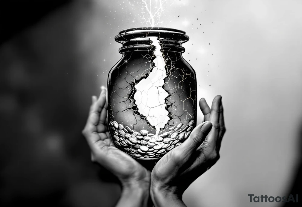 A black and white tattoo that captures both the fragility of the jar and the treasure inside can be incredibly symbolic. Here’s a refined concept that integrates both elements:

Cracked Jar with Glowing Treasure Inside:
- The Jar: The main design can be a clay jar, slightly cracked, representing human fragility.
- The Cracks: From the cracks in the jar, light pours out—symbolizing the divine treasure (God’s power) within. You can emphasize the cracks with golden lines (like kintsugi) to show that even in brokenness, there is beauty.
- The Treasure: Inside the jar, you could depict glowing treasures, such as gold coins, a radiant heart, or even spiritual symbols like a cross, a dove, or a light-filled crown. The treasure doesn’t have to be too literal—just enough to show that what’s inside is precious and divine.

### Additional Elements:
- Hands Holding the Jar: To further emphasize fragility and care, you could add divine or human hands gently holding the jar, symbolizing protection despite its weakness.
- Scriptural Reference: Around or beneath the jar, you could include "2 Corinthians 4:7" in a graceful script to anchor the design in its biblical meaning.
  
This concept unites the theme of human fragility and God's power, using the cracked jar as the vessel that reveals the treasure within. tattoo idea