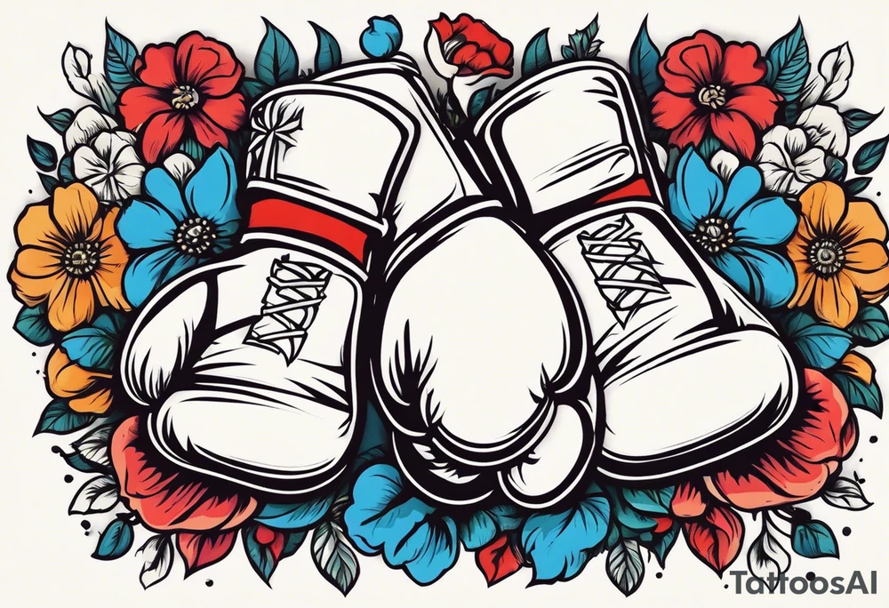 boxing gloves and flowers around the gloves  bold colors traditional old school vintage tattoo idea