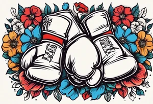 boxing gloves and flowers around the gloves  bold colors traditional old school vintage tattoo idea