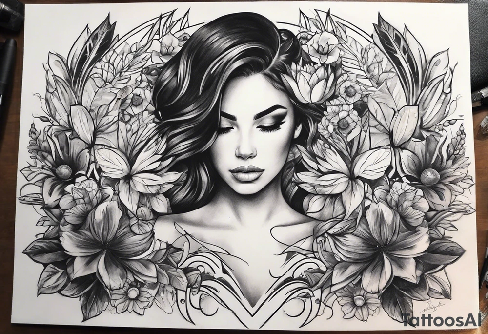 a half-sleeve black and white tattoo idea that incorporates mental health awareness, a passion for EDM music, a first responder past, and keeping a positive mindset. I want everything designed into each other thing tattoo idea