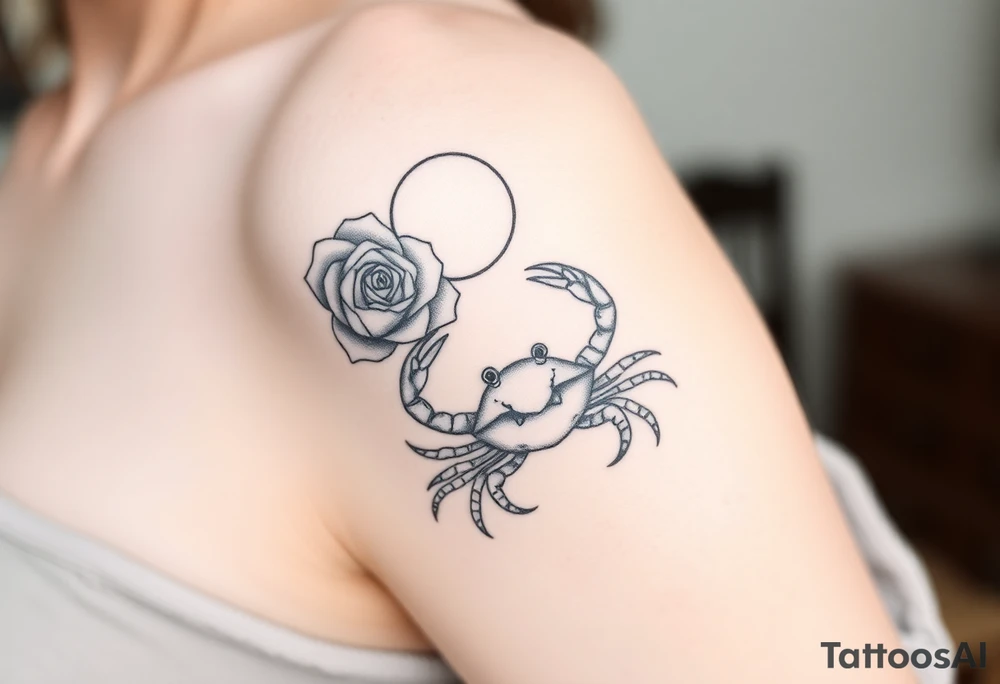 Rose and sun and crab tattoo idea