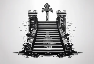 Valhalla 
 sword stairs axe mist tattoo idea