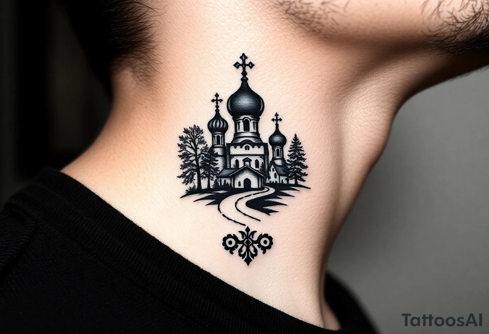 Traditional authentic Russian coat of arms with a Christian orthodox virgin marry in the middle and silhouette in a Russian wilderness Christian orthodoxy dome church village setting on the side of my neck tattoo idea