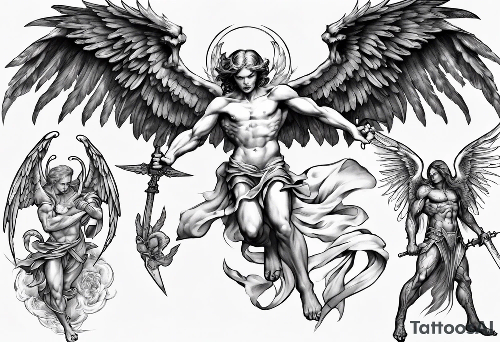 Archangel fighting demon tattoo idea