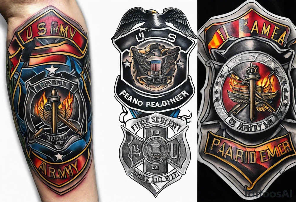 A forearm tattoo that represents the U.S. Army, the fire department, and a paramedic tattoo idea