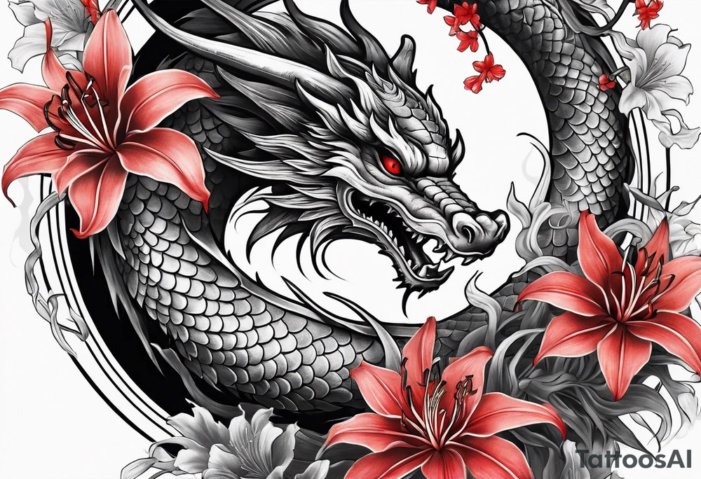 full Dragon with red Spider lilies surrounding it tattoo idea