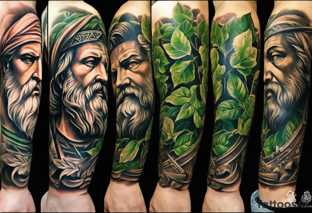 a tattoo full sleeve of stoic heroes in statue form including plato, socrates, alexander the great, julius ceasar, aristotle, pythagorus and william marshal. small amounts of Green english vine plant running through the whole tattoo. all fit on one arm. tattoo idea