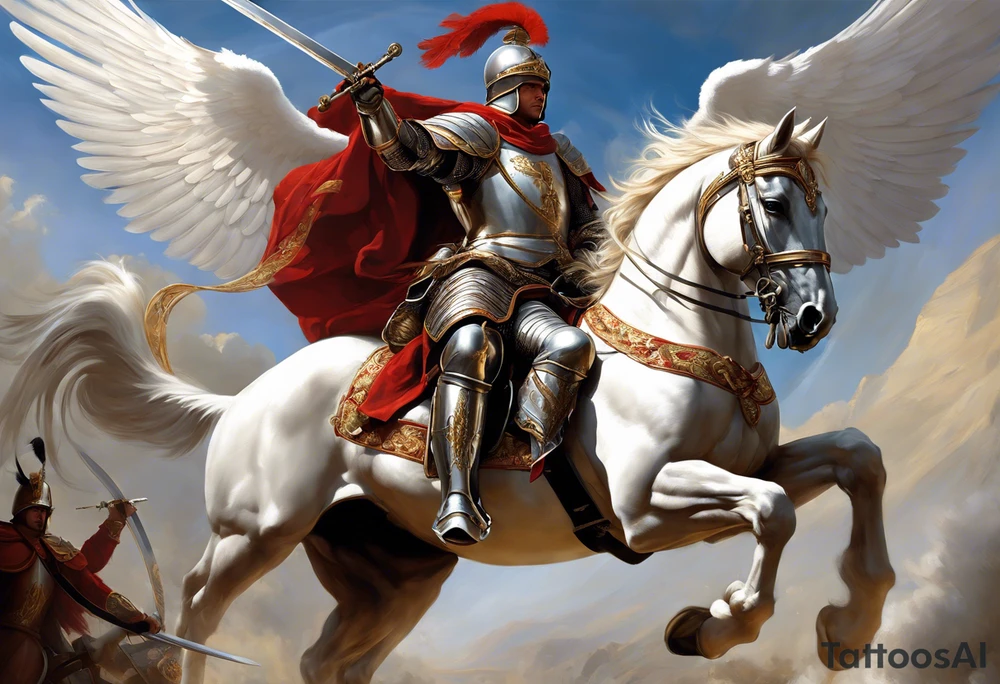 **Main Theme**: A Hussar on horseback in full armor, dynamically portrayed in the middle of a charge. The Hussar's wings are clearly visible, adding dynamics to the composition.
   - Archangel Michael positioned in the background, with a raised sword ready for battle, armed with a shield.
   - The Hussar is holding a banner showcasing the White Eagle.
   - Elements of the Arch tattoo idea