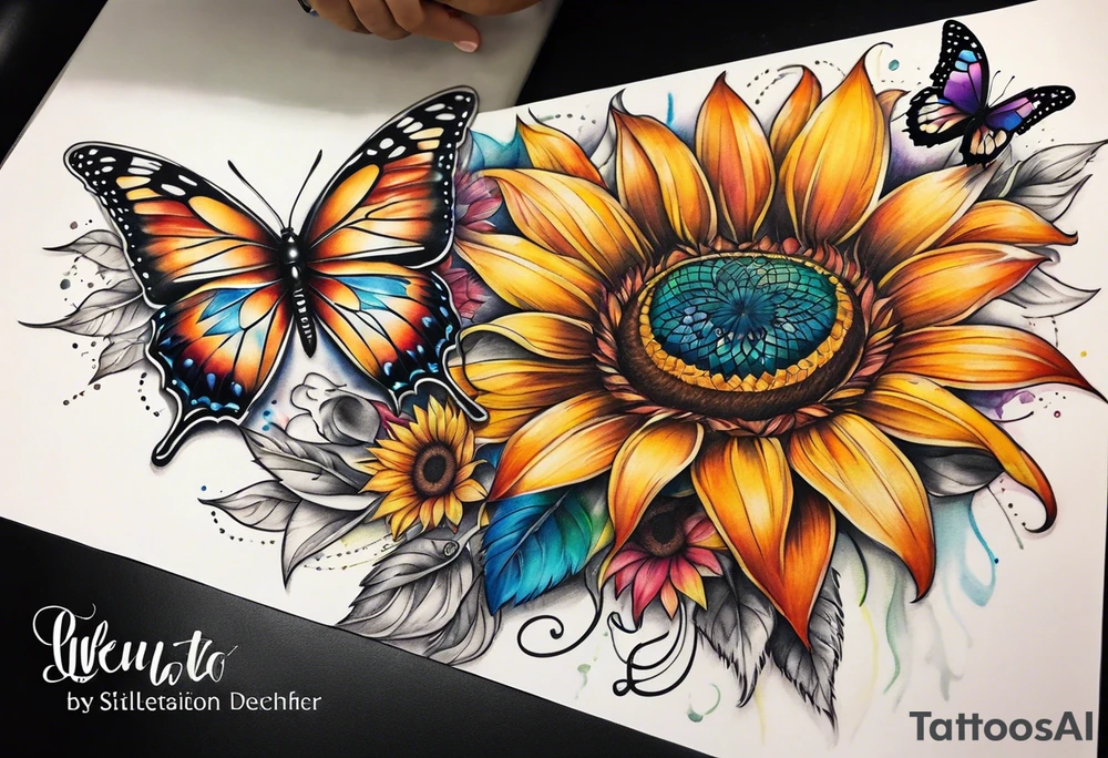 Quarter Leg sleeve with dreamcatcher, rainbow sunflowers and one butterfly tattoo idea