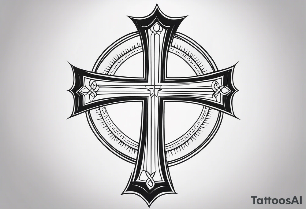 Tattoo: A refined cross with a soft halo on top of it, symbolizing light and spirituality. Delicate rays extend outward from the halo, adding a subtle glow and depth. The cross itself is simple and elegant, with potential for small, intricate line details within the design. tattoo idea