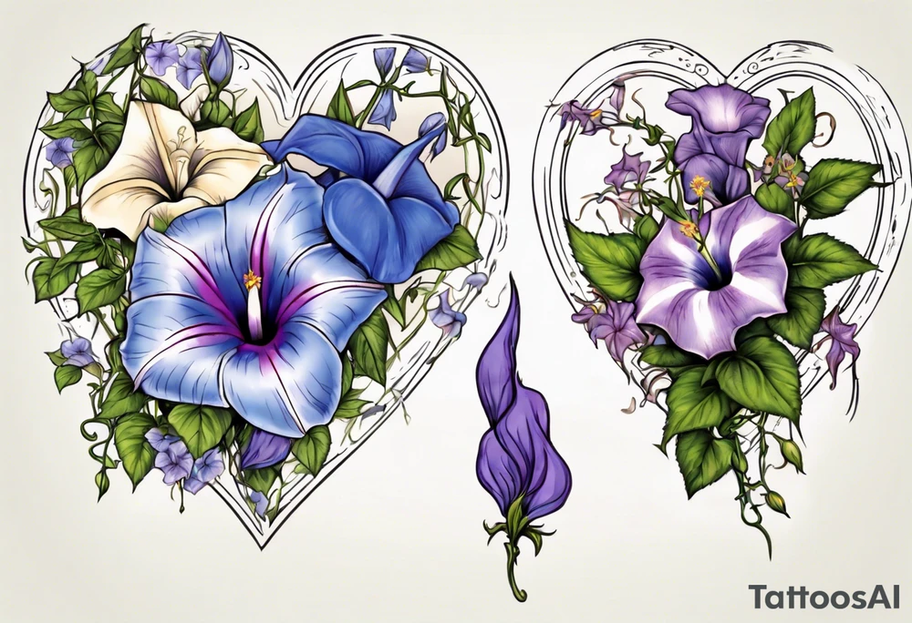 Morning glory and larkspur in a heart tattoo idea