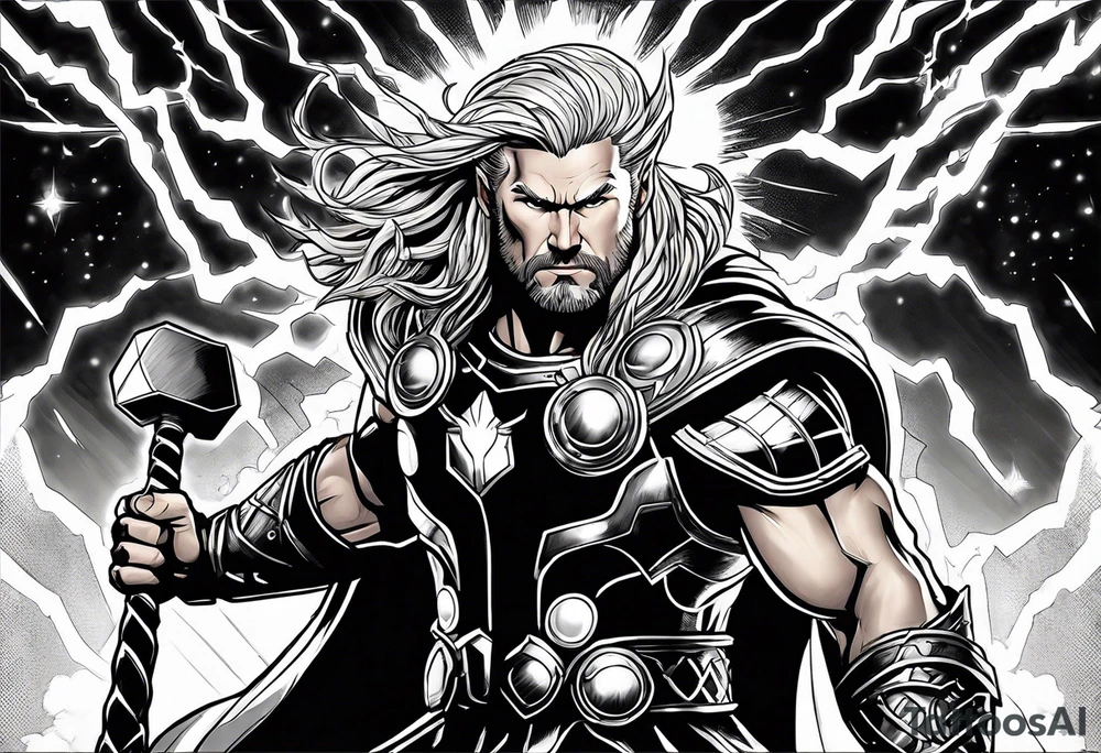 The Mighty Thor  with lightning in the background tattoo idea