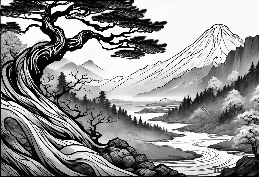 Full arm sleeve, tree going up to shoulder dead tree going down to wrist, wrapped in a serpent moving down with mountain and water elements tattoo idea