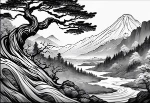 Full arm sleeve, tree going up to shoulder dead tree going down to wrist, wrapped in a serpent moving down with mountain and water elements tattoo idea