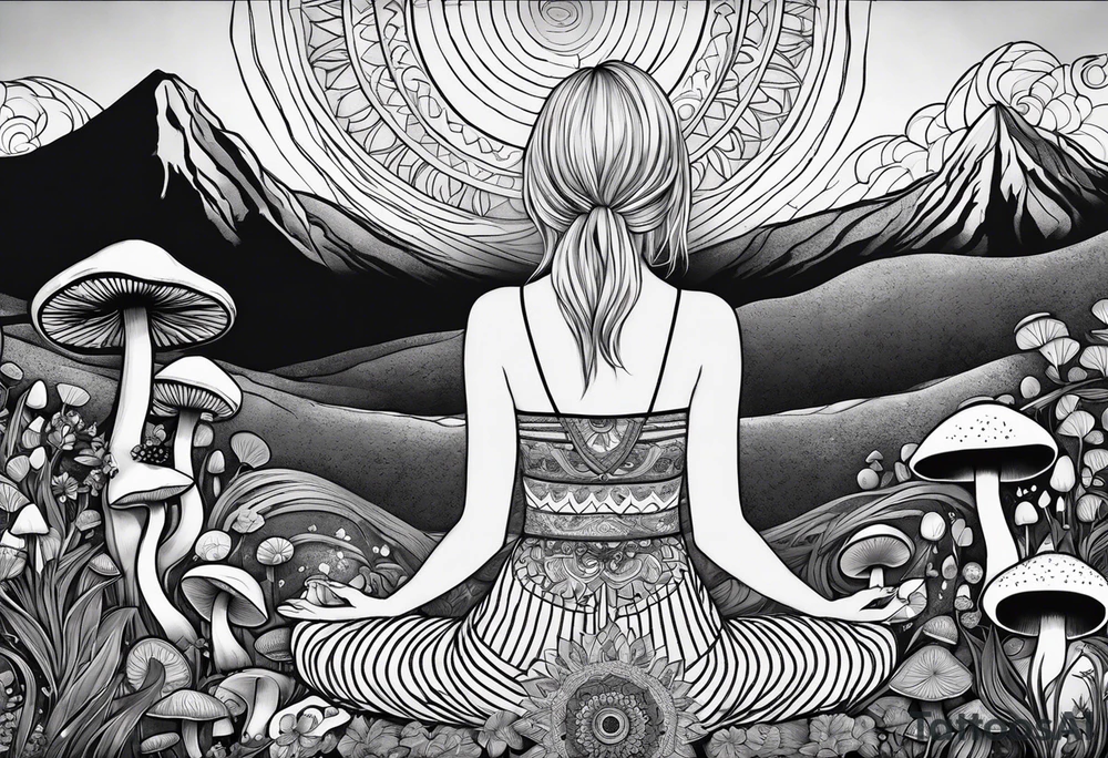 Straight blonde hair girl meditating facing away toward mountains surrounded by mushrooms crescent moon mandala circular design black and white striped dress tattoo idea