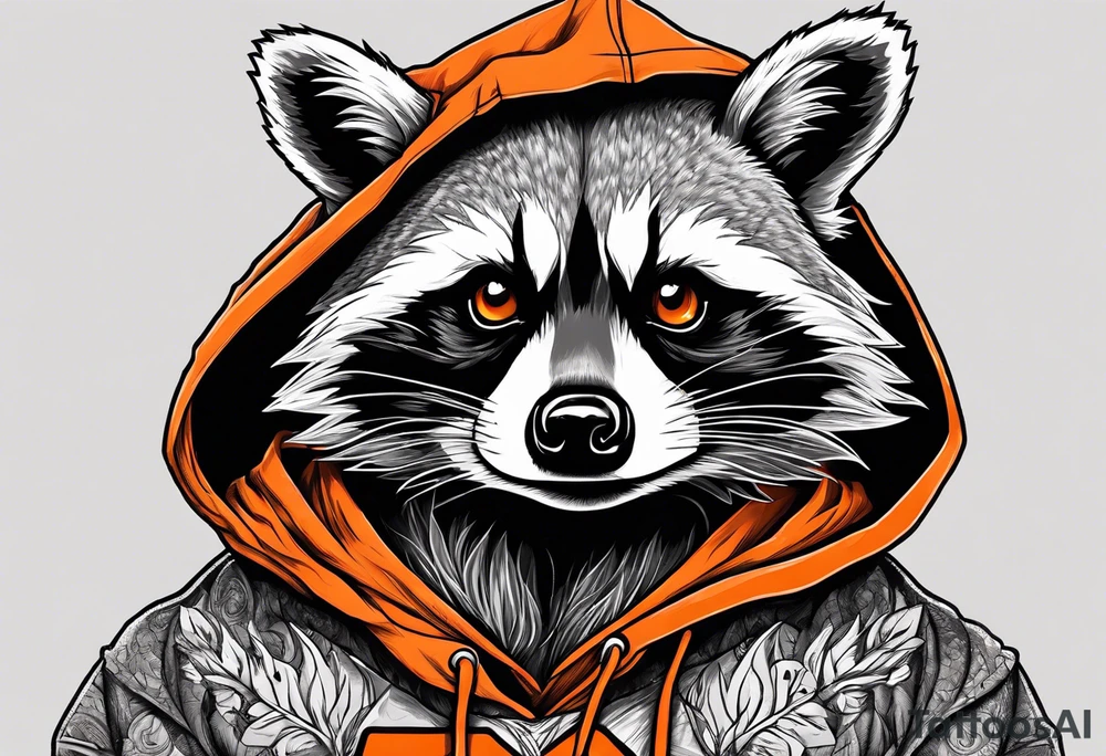 Raccoon wearing an orange Superman hoodie tattoo idea