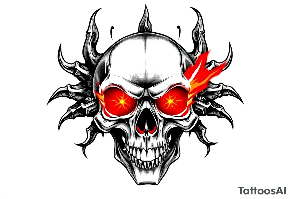gothic skull with red fire eyes tattoo idea