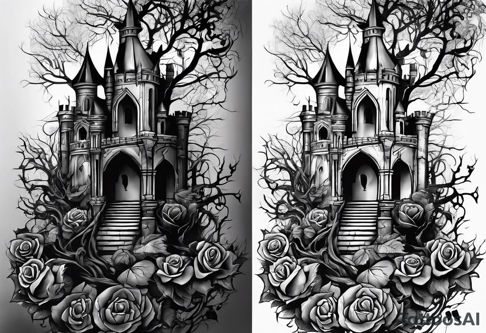tattoo fool sleeve, dark gothic castle, tree roots break out of the chains, broken mask, roses tattoo idea