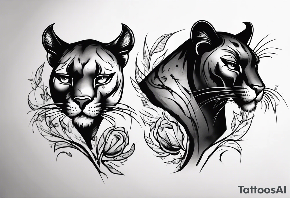 Two black pumas walking past each other and looking at each other tattoo idea