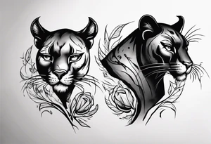 Two black pumas walking past each other and looking at each other tattoo idea