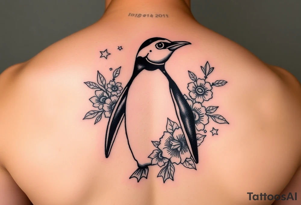 Penguin with stars and flowers black ink tattoo idea