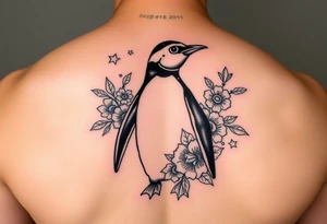 Penguin with stars and flowers black ink tattoo idea