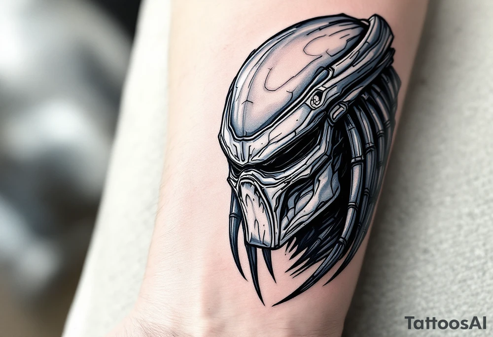 Ghost Predator – A stealth-based hunter with muted gray-blue camouflage skin, almost no armor, and a skull-like bio-mask designed to terrify prey. Uses silent weapons instead of plasma-based technology. tattoo idea