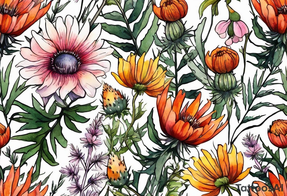 wildflowers with thistles, ferns, burnt orange flower, white flowers, pink flowers, red flowers and yellow flowers all in watercolor tattoo idea